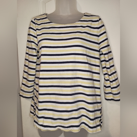2 FOR $30 TALBOTS Sunny Stripes: Nautical Navy and Butterly Yellow Top -(#1,064) - Picture 1 of 8